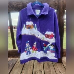 Quacker Factory QVC purple winter skater Christmas Holiday fleece jacket M